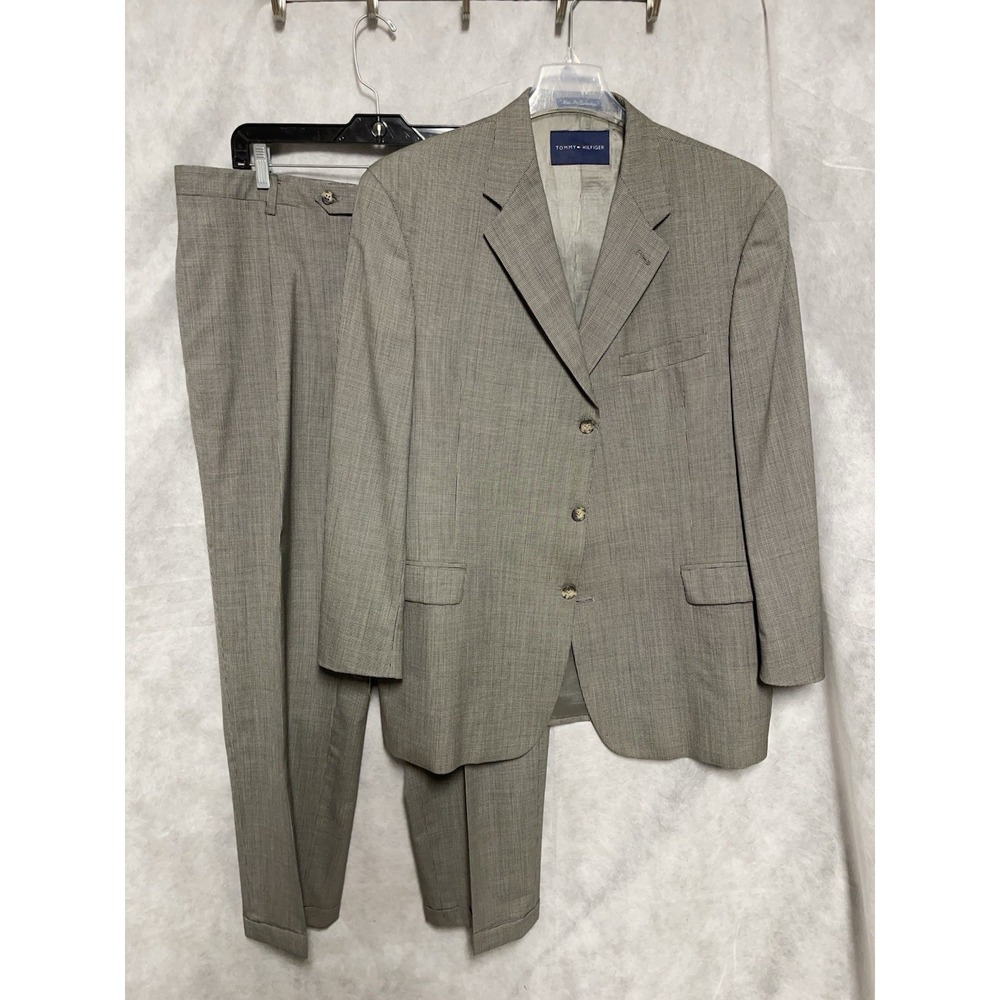 Tommy Hilfiger Suit Men 46R Gray Black Houndstooth Flannel Academia 37x31 P Luxe